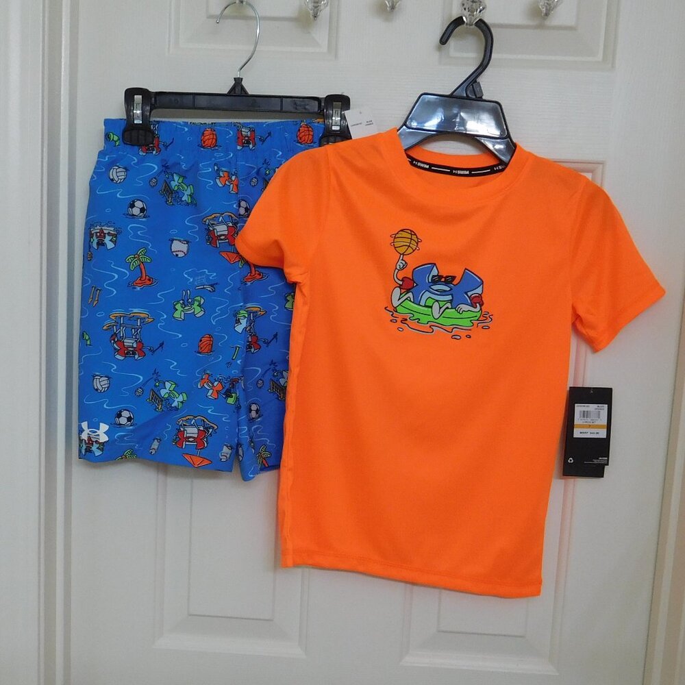 NWT 2pc Under Armour Orange Swim Shirt & Sport Print Swim Shorts sz 6